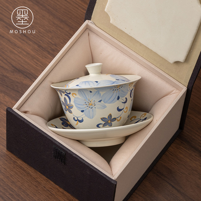 灵兰百合有盖碗，茶杯，家庭办公陶瓷三彩有盖碗，功夫茶具，土司