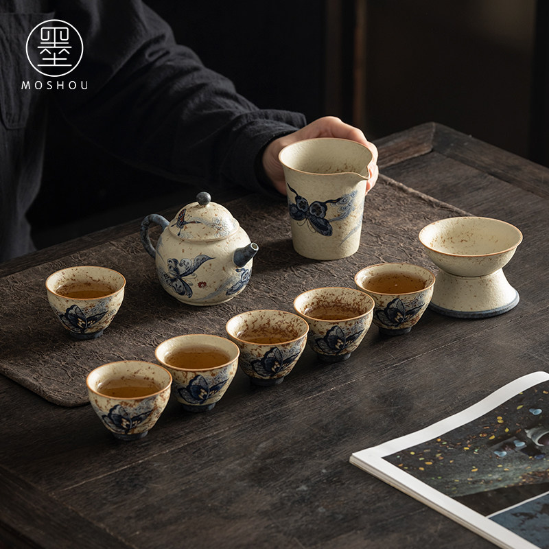青花火石红功夫茶具套装家用陶瓷三才盖碗茶杯中式复古办公室茶具