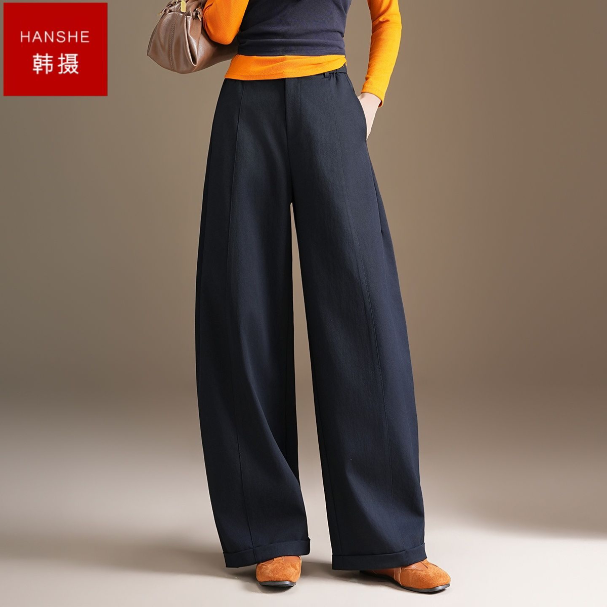 韩摄高腰时尚弯刀裤2026秋季新款女士休闲裤显瘦宽松休闲阔腿裤子