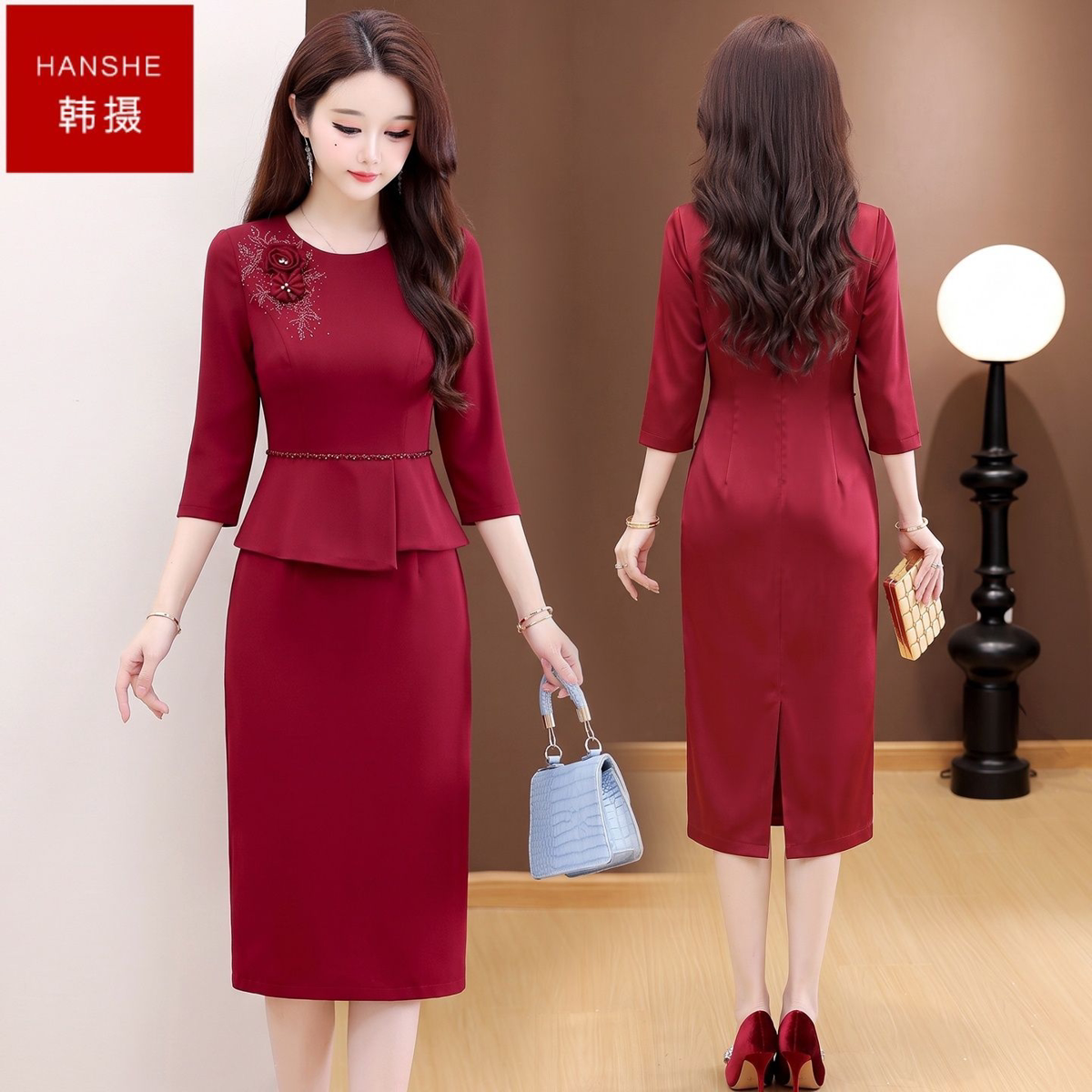 韩摄红色五分袖连衣裙2026年秋季新款妈妈中长款喜婆婆订婚结婚裙