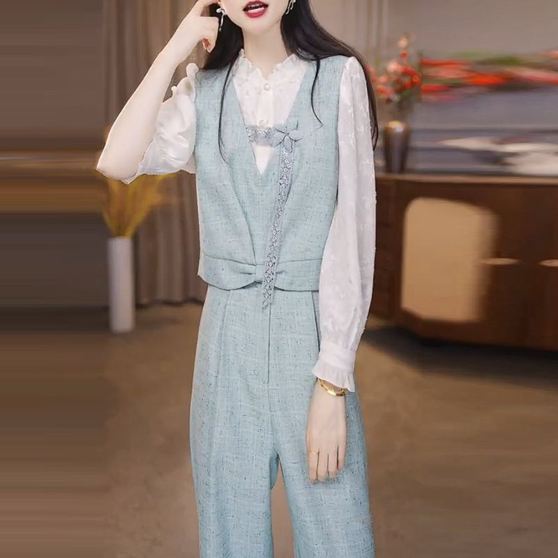 轻奢套装上衣+裤子两件套秋季修身阔腿裤小个子显瘦精致穿搭套装