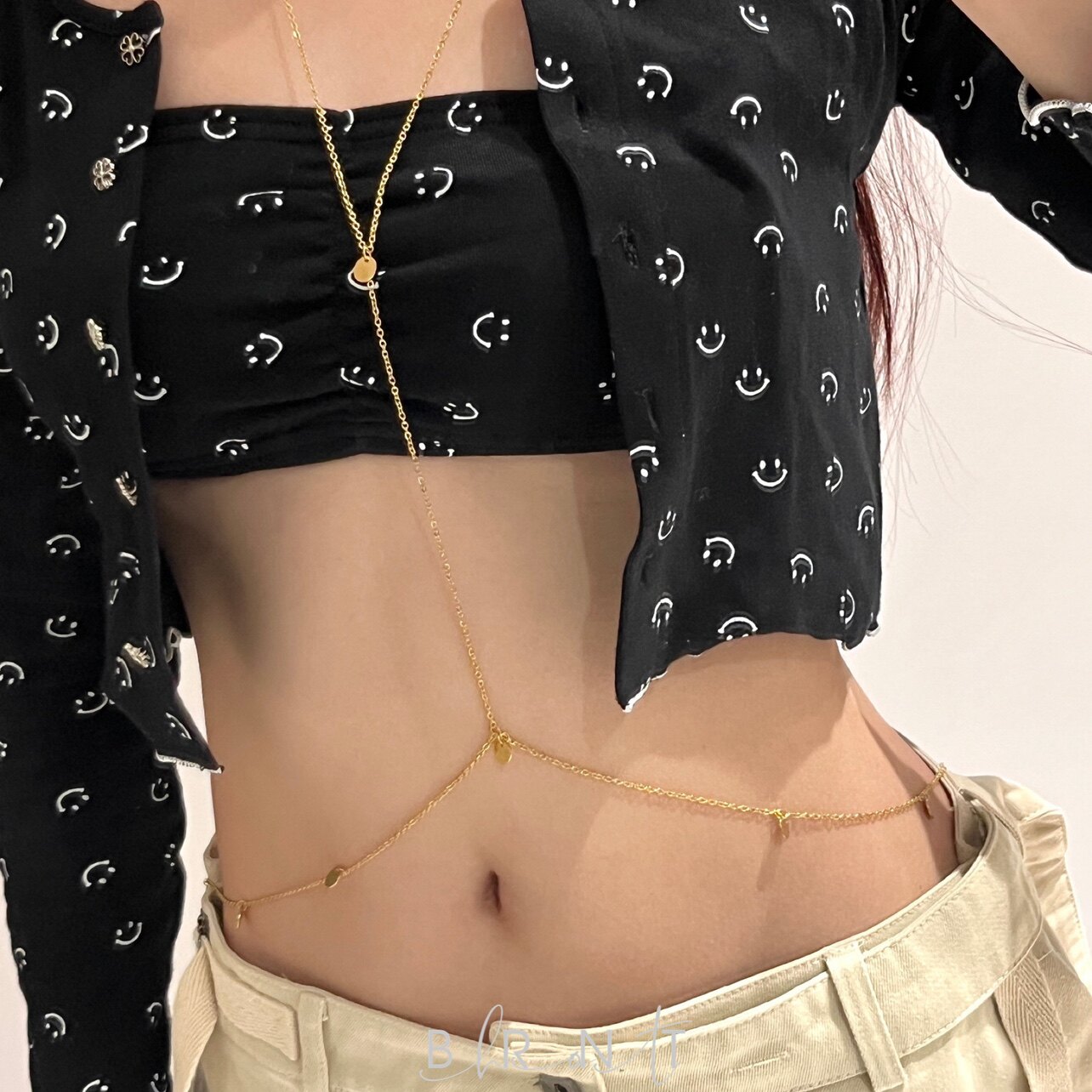 BRNT 欧美性感辣妹风圆片流苏钛钢身体链腰链一体波西米亚风链条