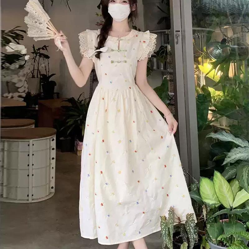 新中式女装短袖碎花连衣裙女夏季高级感气质收腰显瘦温柔风长裙子