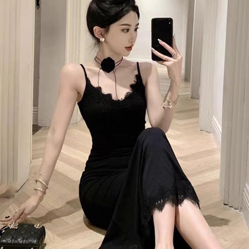修身显瘦蕾丝包臀裙子女装夏季无袖打底富家千金感吊带连衣裙长裙