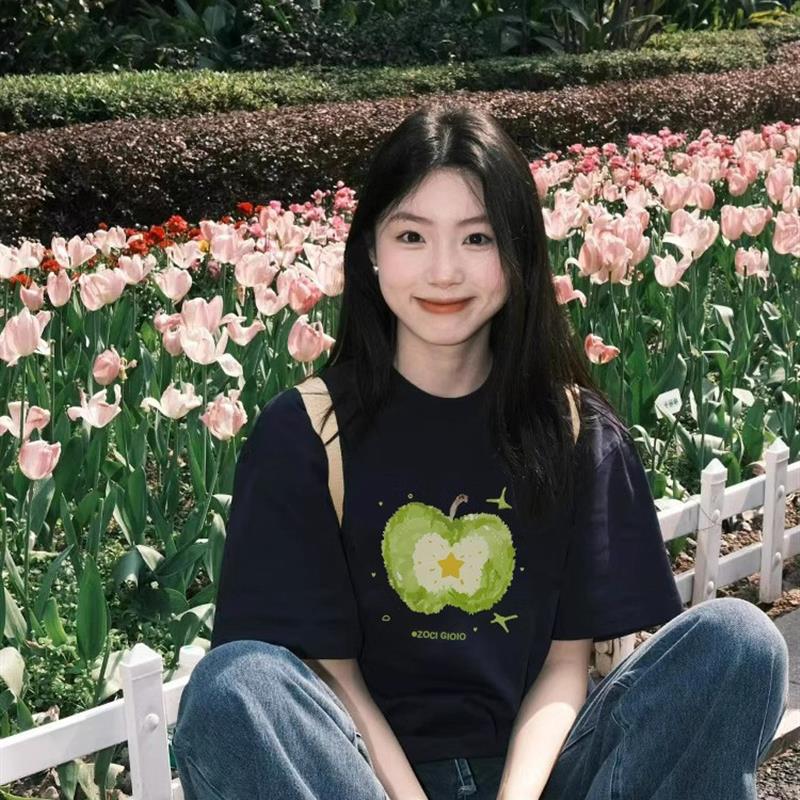 纯棉宽松韩版慵懒风黑色短袖t恤女夏2025新款300斤独特漂亮上衣t