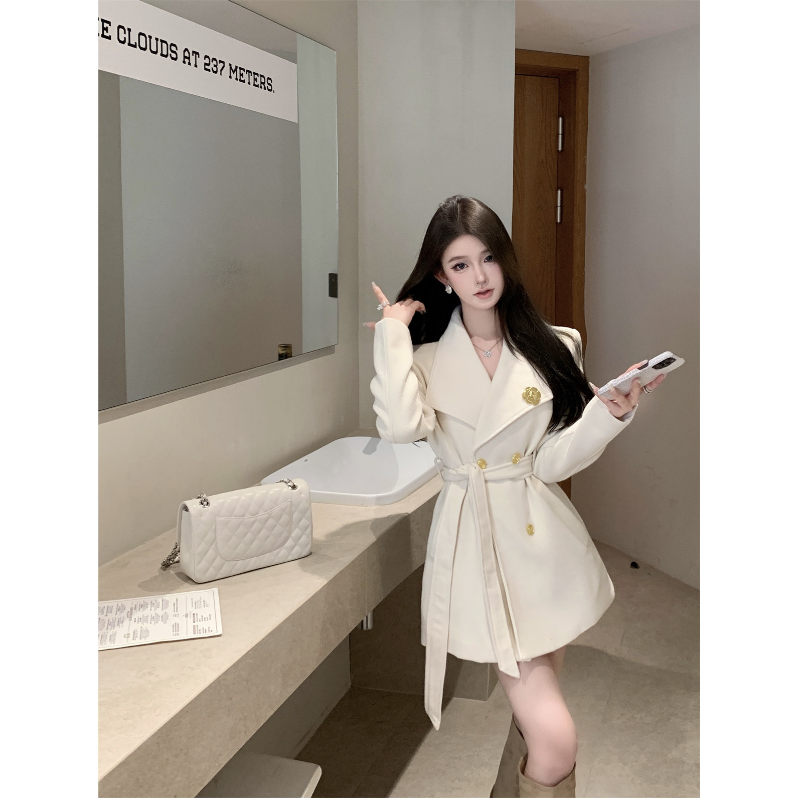 2025新款实拍实价 金色花朵大翻领双排扣系带夹棉毛呢西装外套