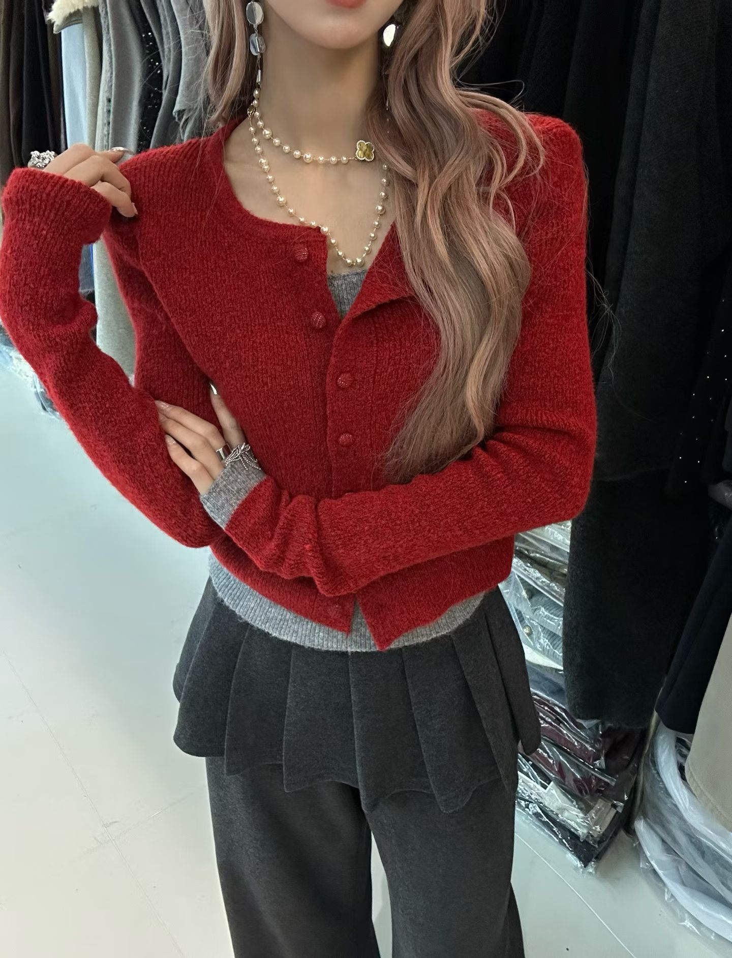 2025韩版冬高品质加厚毛衣假两件拼接设计感圆领长袖针织衫女上衣