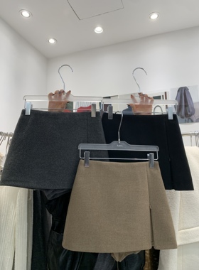 AME2025冬季新款韩版高品质气质加厚羊毛呢前开叉拉链半身裙A字裙