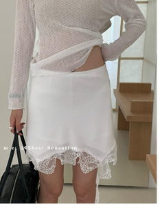 AME2026春夏新韩版 显瘦纯欲短裙 气质蕾丝拼接不规则半身裙女修身
