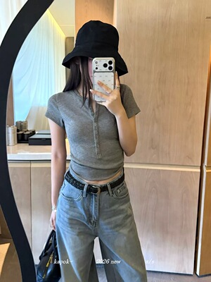 Kapok2026春夏新韩版气质半开领正肩短袖T恤女修身显瘦上衣短袖T