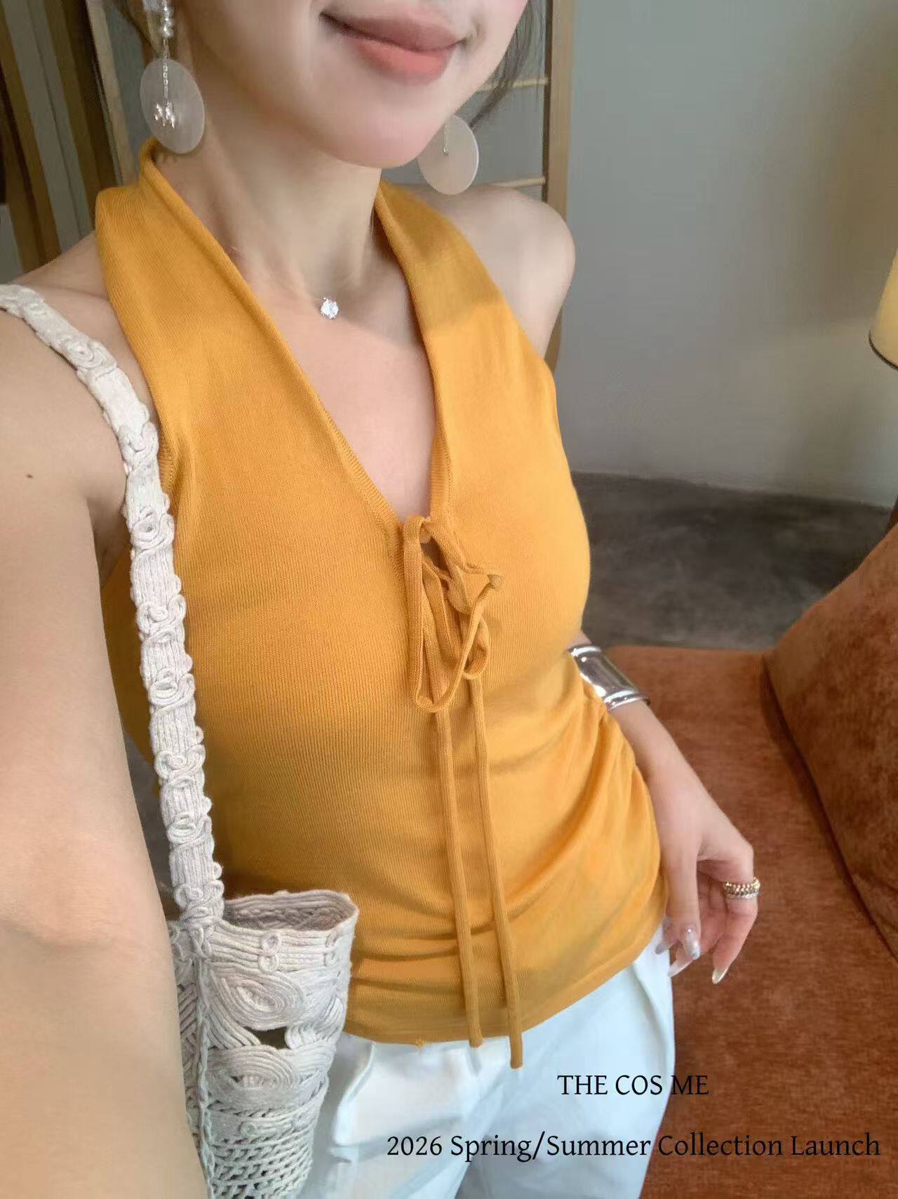 Yoomini2026春夏新款韩版气质系带修身显瘦无袖挂脖针织背心上衣