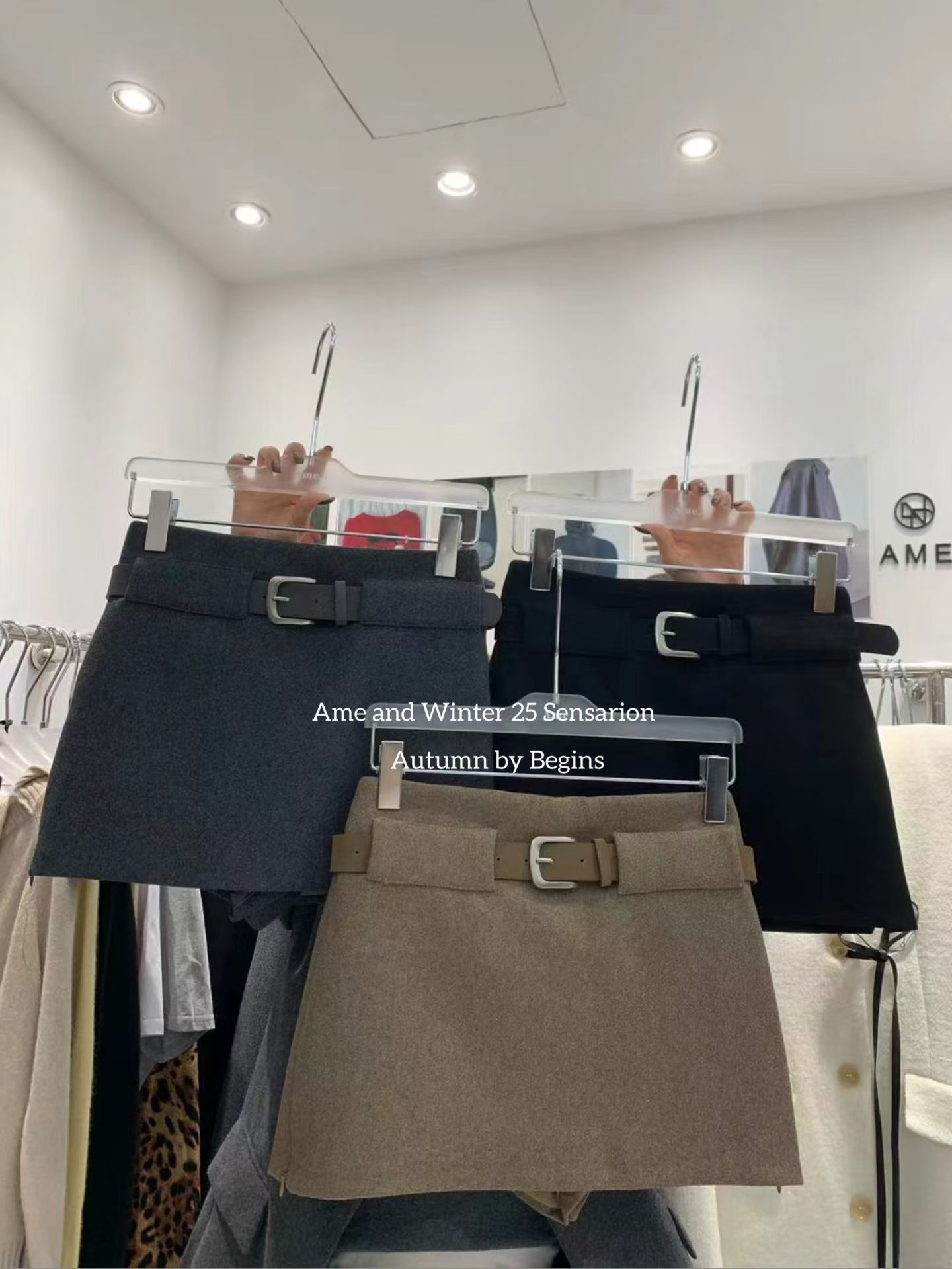 AME2025秋冬高品质加厚羊毛呢高腰显瘦2侧拉链配皮带A字裙半身裙