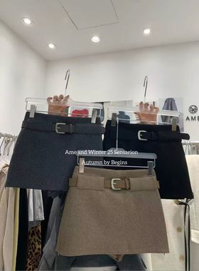 AME2025秋冬高品质加厚羊毛呢高腰显瘦2侧拉链配皮带A字裙半身裙