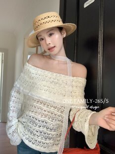 Family春夏新款 女修身 韩版 镂空针织衫 显瘦上衣 气质一字肩长袖 One