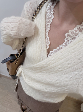 Yoomini2025秋冬新款高品质蕾丝背心V领交叉纯欲针织衫2件套上衣