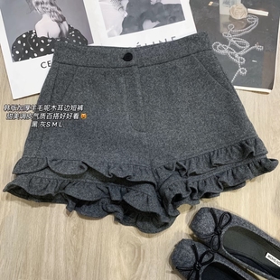 女甜美百搭显瘦靴裤 高品质加厚羊毛呢木耳边短裤 冬季 AME2025韩版