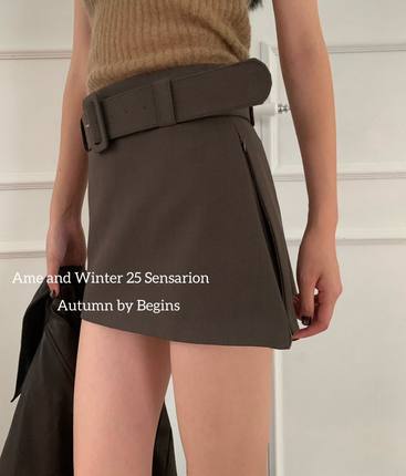 AME2025秋冬新韩版高品质2侧拉链配皮带显瘦西装半身裙A字裙裤裙