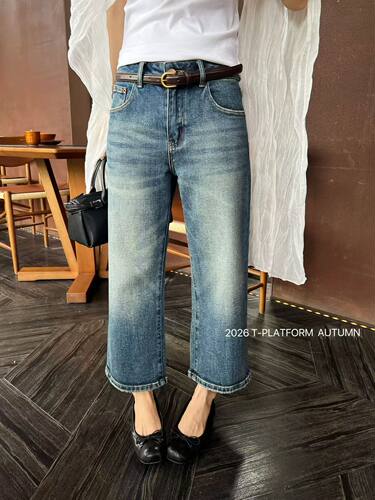 T- P2026早秋新款高品质复古水洗蓝色牛仔裤女时髦百搭休闲九分裤
