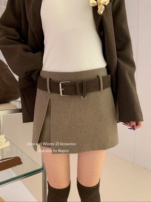 AME2025冬装新韩版高品质加厚羊毛呢前开叉显瘦A字裙裤裙半身裙