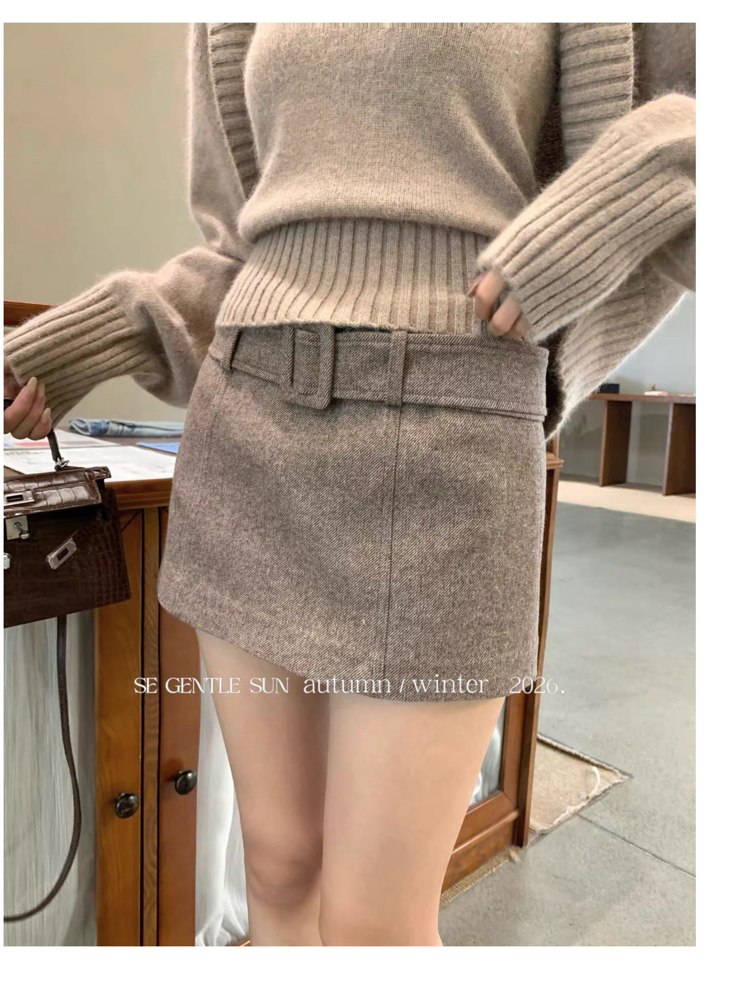 SE 2026秋冬新款高品质气质加厚呢料配皮带半身裙显瘦包臀裙A字裙