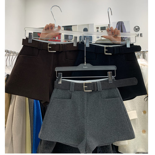 AME2025冬装韩版高品质气质口袋配皮带加厚羊毛呢短裤休闲裤靴裤