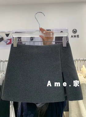 AME2025冬季新款高品质前拉链加厚羊毛呢显瘦半身裙A字裙包臀裙