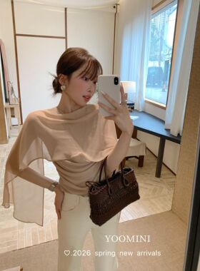 Yoomini2026春夏新款韩版气质荡领长袖蕾丝衫女修身显瘦纯欲上衣