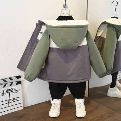 男童秋冬款外套2025新款洋气宝宝加绒加厚上衣儿童连帽保暖棉服潮
