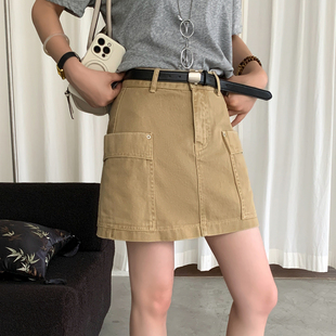 【现货】斯卡洛依2969牛仔短裙女夏季工装半身裙卡其色a字包臀裙