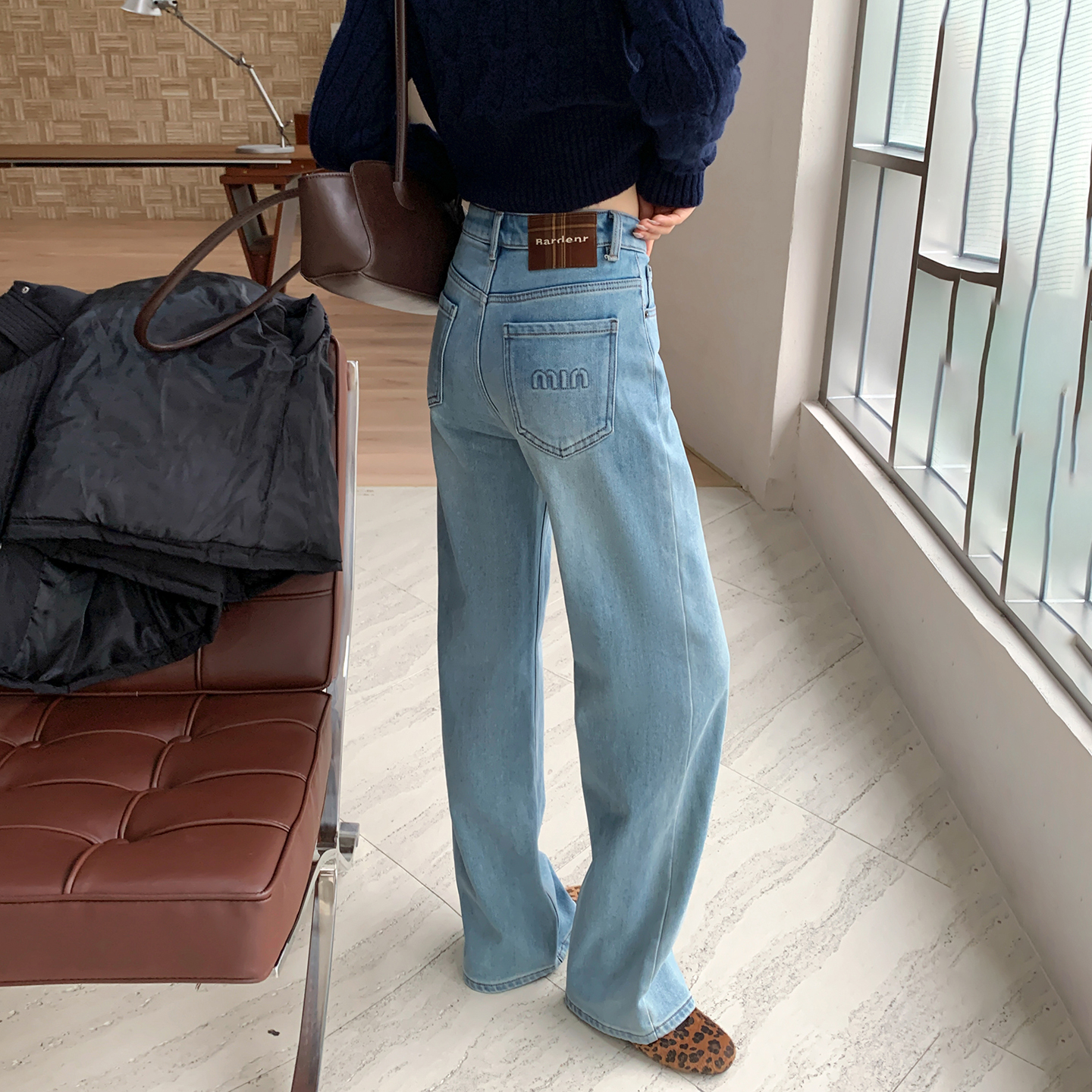 CKLY2709斯卡洛依jeans加绒加厚阔腿裤女冬季宽松美式浅色牛仔裤