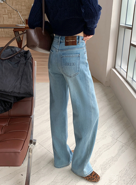 CKLY2709斯卡洛依jeans加绒加厚阔腿裤女冬季宽松美式浅色牛仔裤