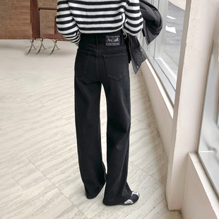【现货】CKLY66815斯卡洛依黑色加绒加厚直筒裤牛仔裤窄版阔腿裤