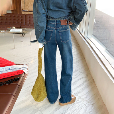【窄版加绒】高腰弹力直筒牛仔裤