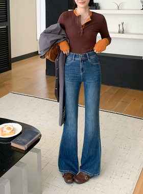 CKLY2706斯卡洛依加绒微喇牛仔裤女冬季加厚高腰两粒扣蓝色喇叭裤