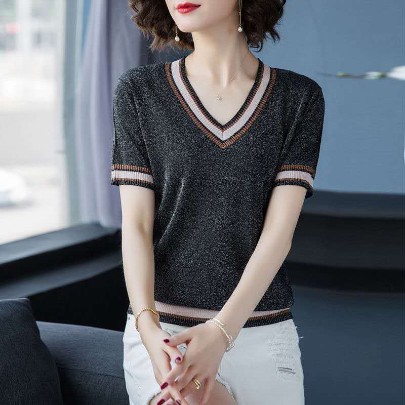 2024新100%桑蚕丝女短袖t恤亮丝薄款V领半袖宽松大码夏真丝上衣女