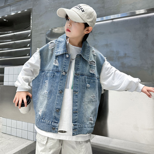 男童美式复古做旧牛仔马甲男春秋宽松百搭街头潮流破洞翻领外套潮