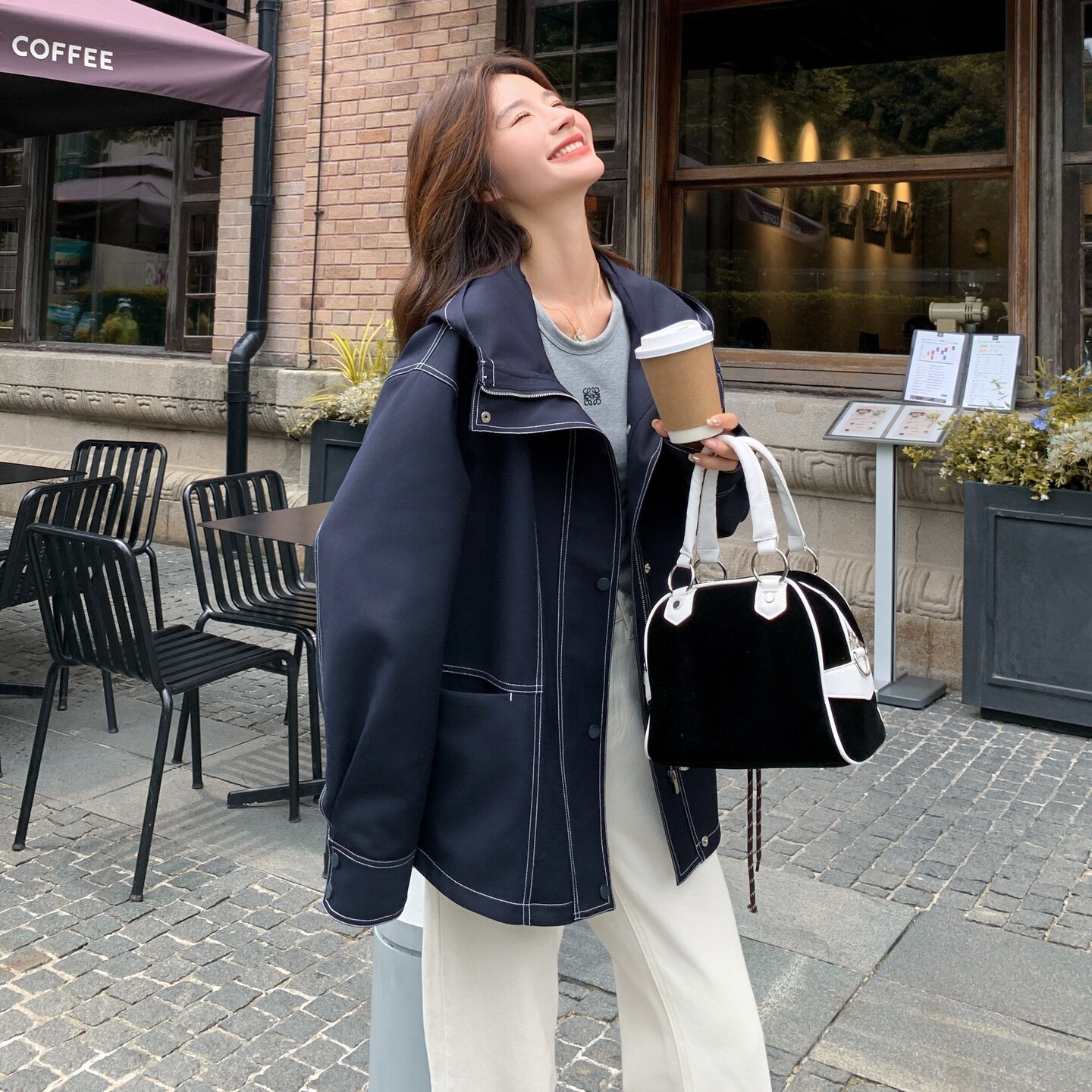 休闲连帽工装明线藏青色风衣外套女春秋2025新款巨好看高级感大衣,女装风衣,2C033
