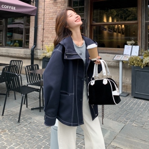 休闲连帽工装明线藏青色风衣外套女春秋2025新款巨好看高级感大衣图片