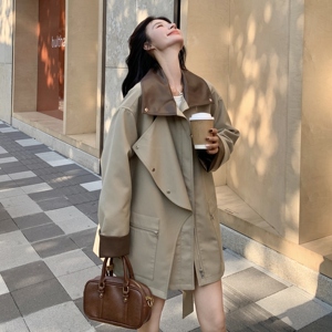 设计感卡其色撞色拼皮风衣外套女2025秋款英伦风高级感中长款大衣图片