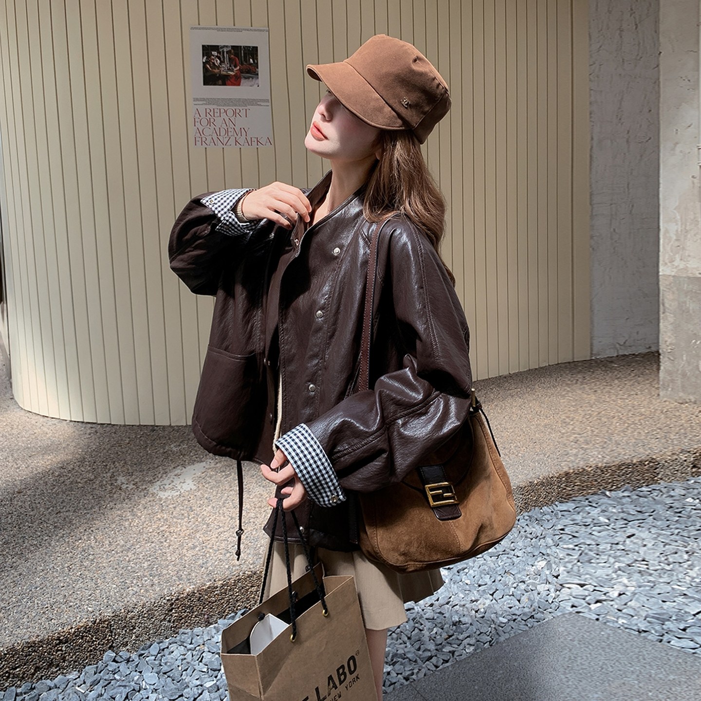 3992-P175-K265袖口拼格子两色皮衣2026春季,女装皮衣,2C033