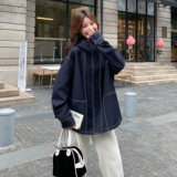 休闲连帽工装明线藏青色风衣外套女春秋2025新款巨好看高级感大衣，女装风衣，2C033