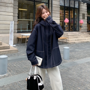 休闲连帽工装明线藏青色风衣外套女春秋2025新款巨好看高级感大衣图片