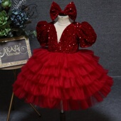 欣入荷宴会女童节日演出礼服亮片生日新款 红色公主裙