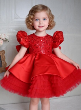 欣入荷红色泡泡袖亮片公主裙女宝宝周岁宴花童礼服亮片网纱蓬蓬裙