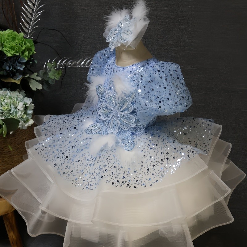 欣入荷蓝色女童生日拍摄六一主持演出蓬蓬裙礼服