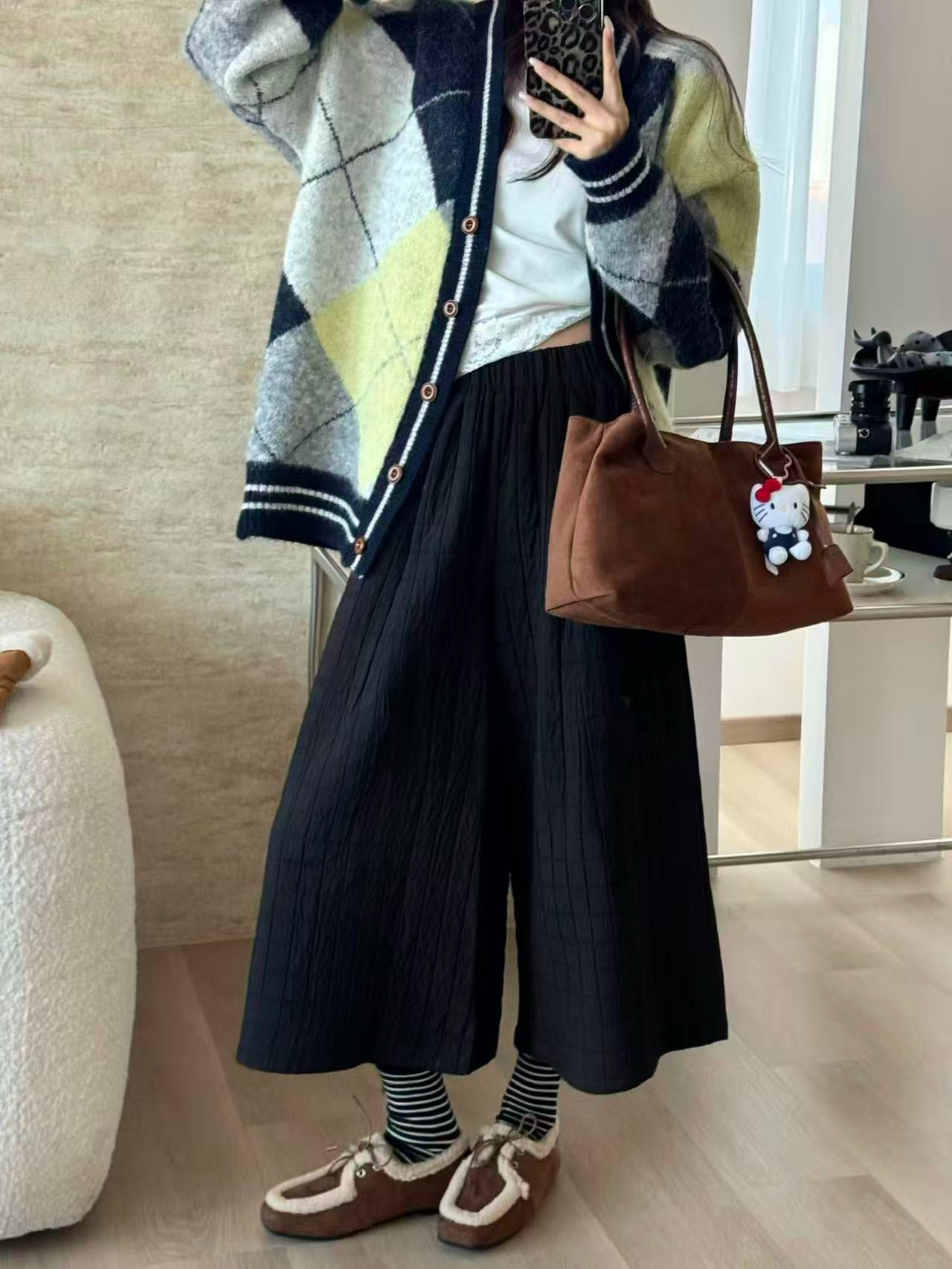 【时髦博主裤】 九分格子薄棉裤松紧腰阔腿8分裤 山本裤