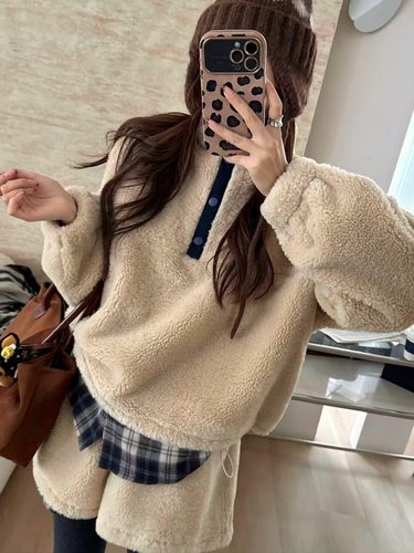 【赫塔少女】温暖毛绒绒宽松拼接卫衣+短裤休闲洋气两件套套装