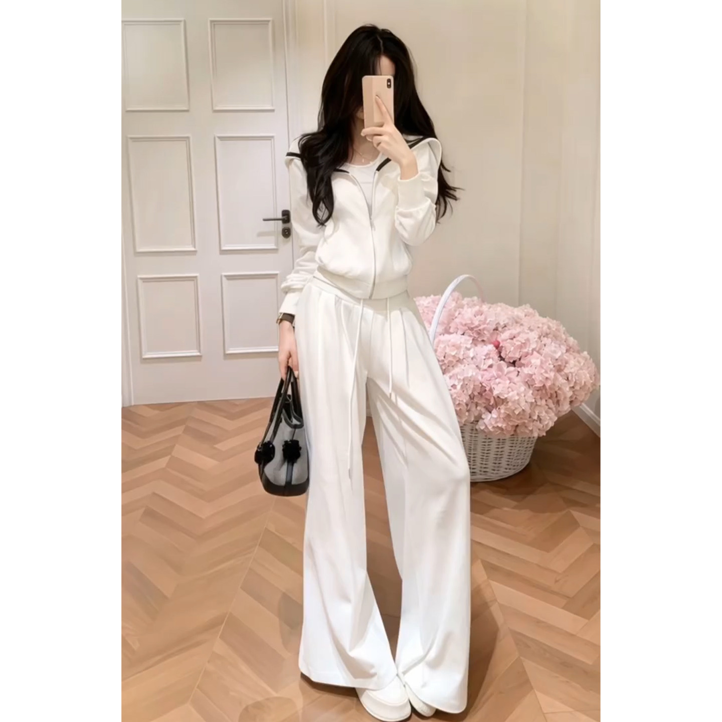 韩系巨好看穿搭一整套早春2026新款白色卫衣上衣女阔腿裤休闲套装