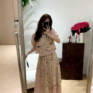 花妖原创复古中式水墨印花泡泡袖卡其色衬衫高腰飘逸长裙两件套装
