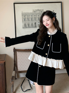 花妖原创复古洛可可荷叶边黑色外套高腰半身裙两件套装秋